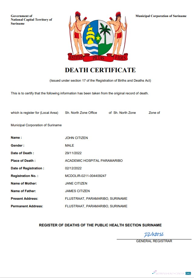 Download Suriname death certificate Word and PDF template Photoshop template